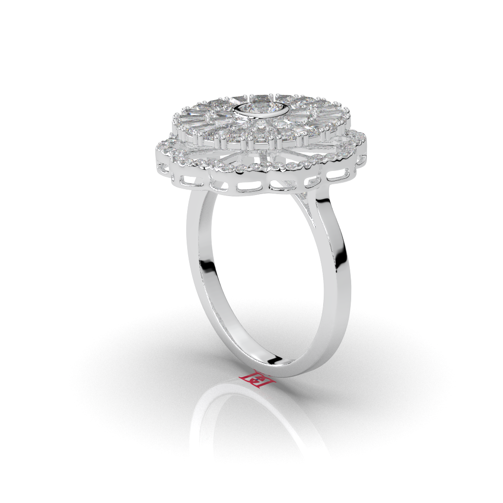 Floral Halo Lab Ruby Ring, Baguette Cluster, 925 Sterling Silver