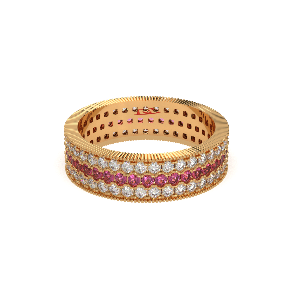 925 Sterling Silver Triple Row Diamond Band Ring, Red & White Diamond Eternity Ring, Luxury Statement Ring, Handmade Fine Jewelry Gift