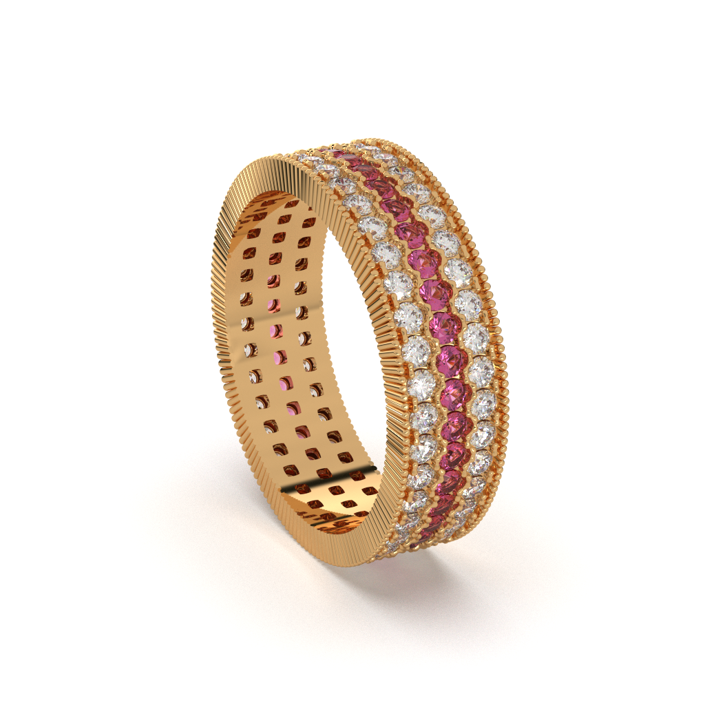 925 Sterling Silver Triple Row Diamond Band Ring, Red & White Diamond Eternity Ring, Luxury Statement Ring, Handmade Fine Jewelry Gift