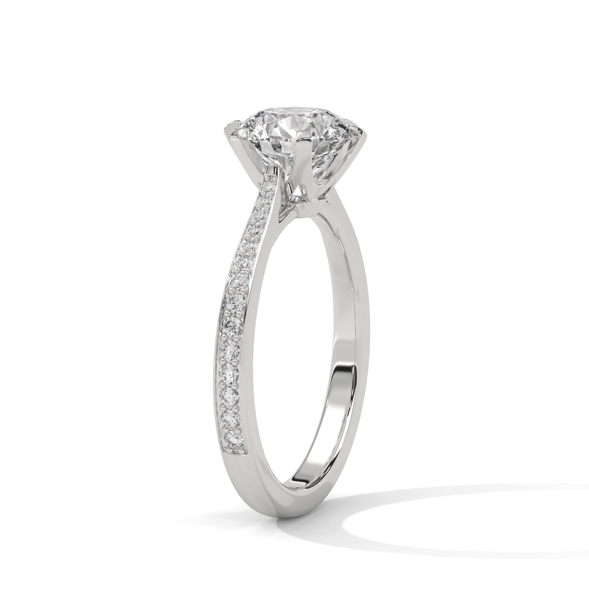 Round Brilliant Diamond Engagement Ring in 14K White Gold, 1.50 Carat Lab Grown Diamond with Pavé Band