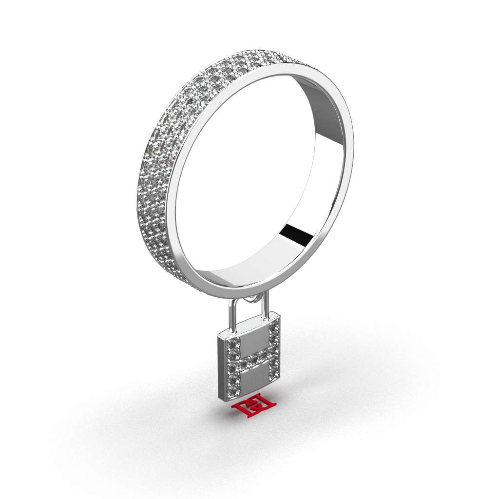 925 Sterling Silver Pavé Lock Ring, White Diamond  Band Ring, Luxury Statement Silver Ring, Modern Minimal Jewelry Gift