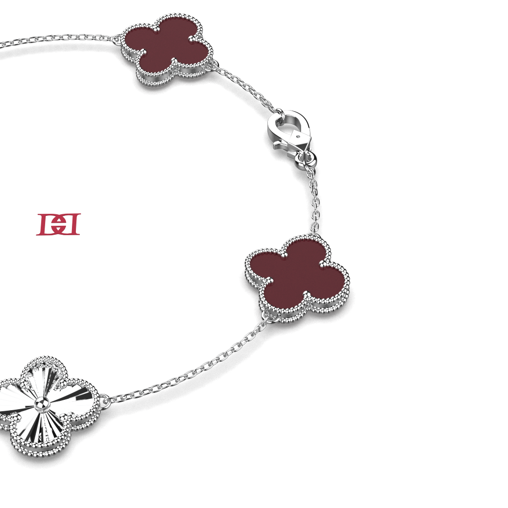 Luxury 925 Sterling Silver Clover Bracelet, Red Enamel Flower Charm Bracelet,  Elegant Everyday Fine Jewelry Gift for Her