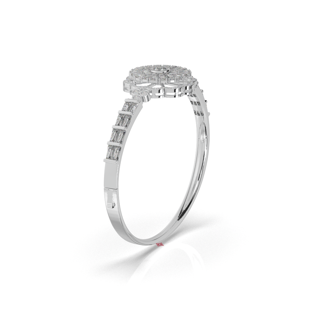 Handmade 925 Sterling Silver Diamond Bangle Bracelet, Floral Halo Design