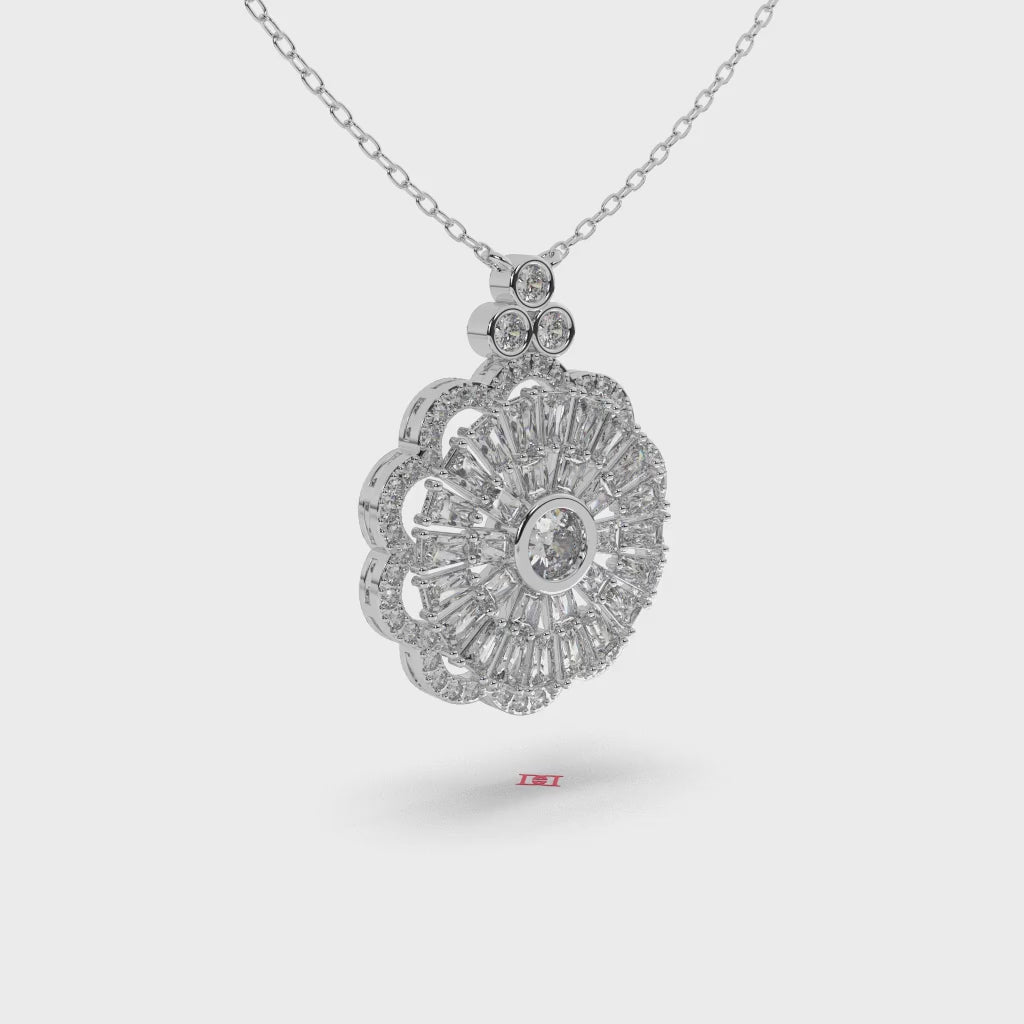 925 Sterling Silver Floral Halo Pendant Necklace, Sunburst Design