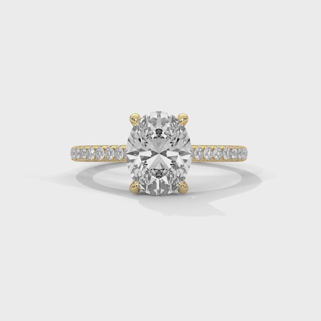 Oval Cut Diamond Engagement Ring in 14K Yellow Gold with Pavé Band – Classic Luxury Solitaire Ring