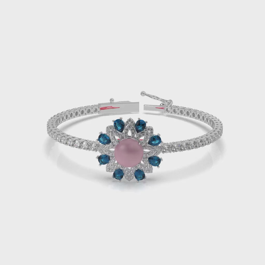 925 Sterling Silver Floral Bracelet, Blue & Pink Diamond, Handmade