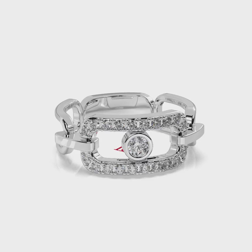 925 Sterling Silver Modern Link Diamond Ring, Bezel Set Statement Ring