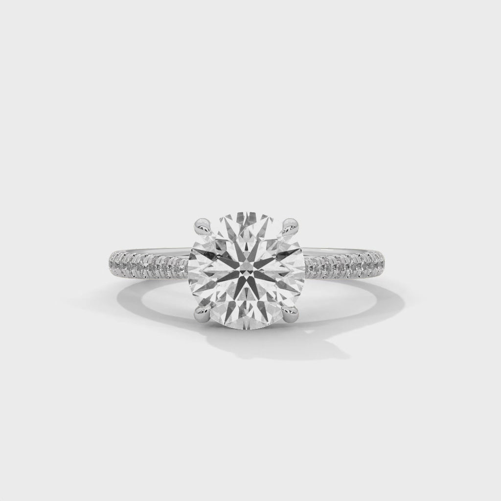 Round Diamond Pavé Engagement Ring in White Gold – Classic Round Brilliant Diamond Ring with Pavé Band