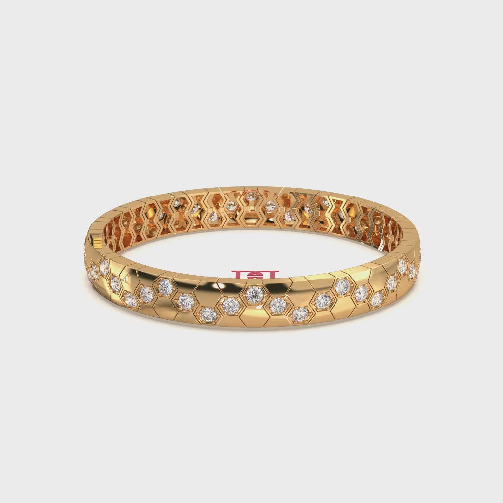 Luxury Silver Diamond Bangle Bracelet | Diamond Hexagon Bracelet | 925 Sterling Silver Gold Finish Bracelet | Designer Statement Jewelry