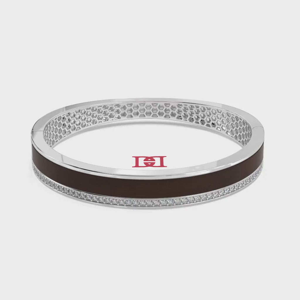 Sterling Silver Wooden Inlay Bangle Bracelet with White Diamond Pavé
