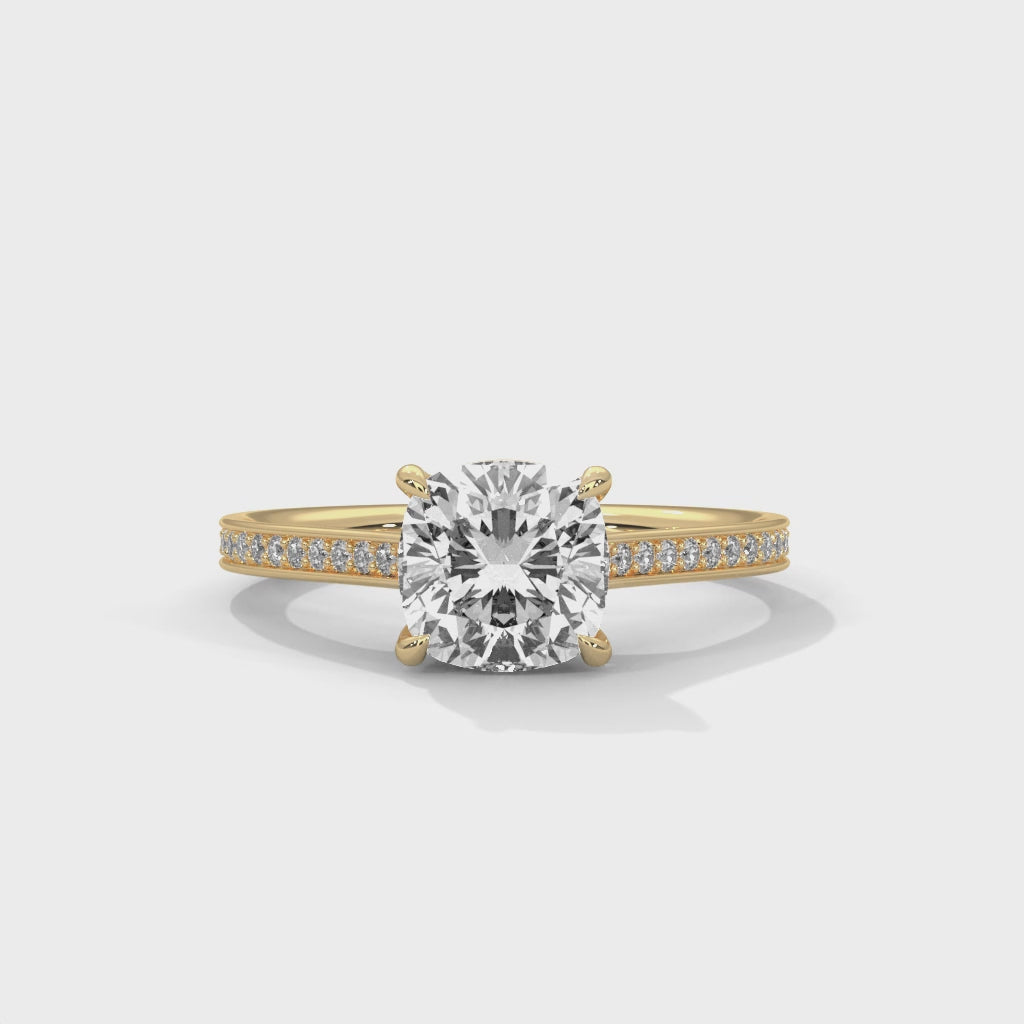 Cushion Cut Diamond Engagement Ring in Yellow Gold – Hidden Halo Pavé Diamond Ring – Luxury Cushion Diamond Proposal Ring