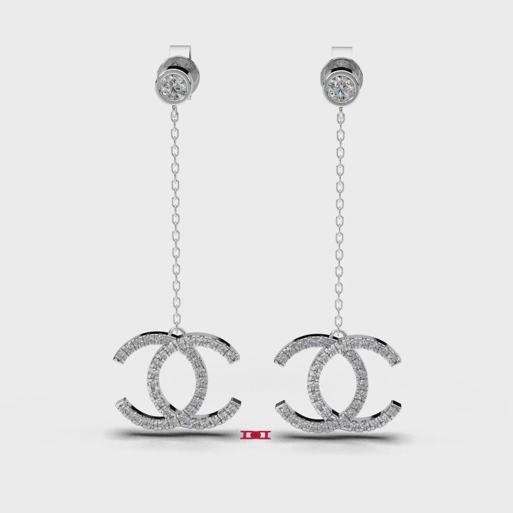 Luxury Double C Drop Diamond Earrings, 925 Sterling Silver Chain Earrings, Minimal Luxury Bridal Earrings, Gift for Her