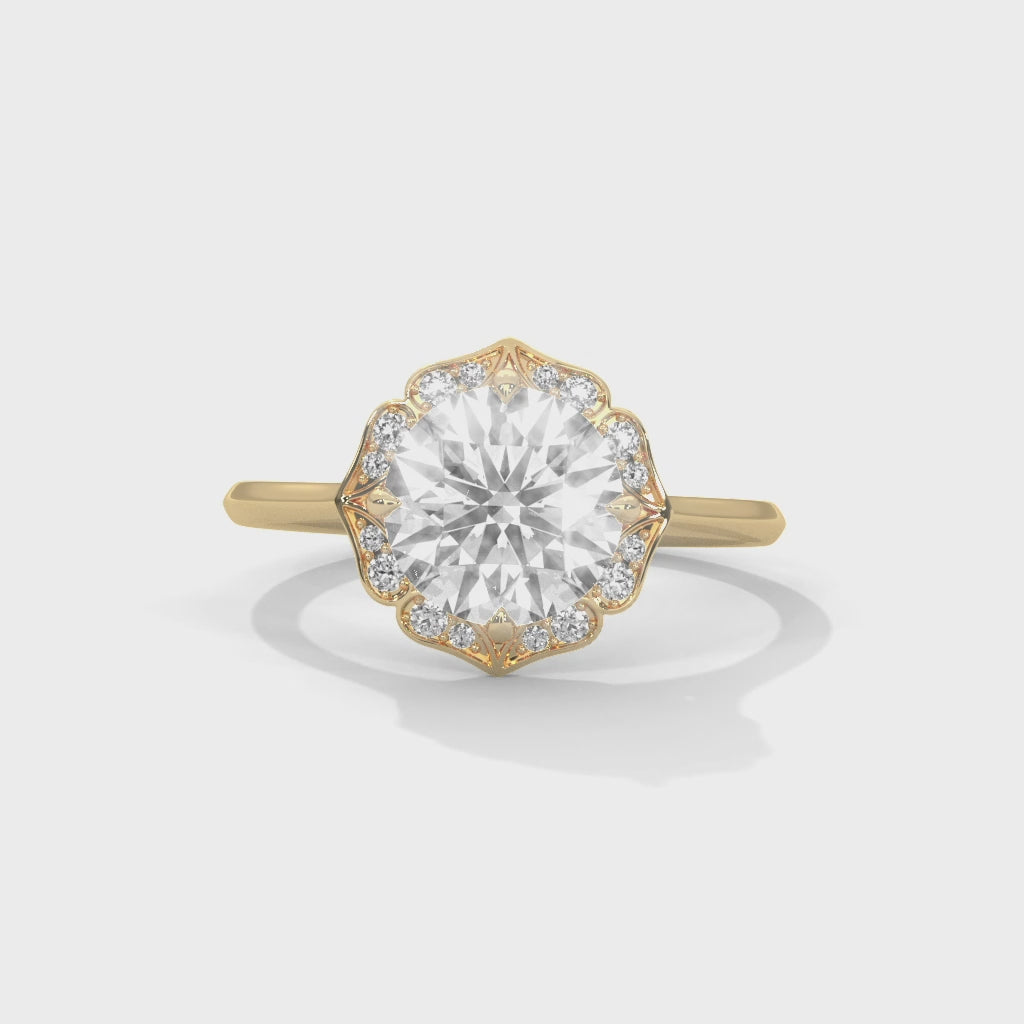 Vintage Halo Round Diamond Engagement Ring in Yellow Gold – Floral Halo Diamond Ring – Classic Luxury Proposal Ring