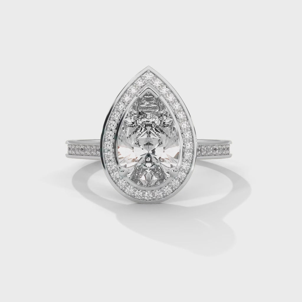 Pear Shape Halo Diamond Engagement Ring in 14K White Gold, 2.00 Carat Lab Grown Diamond with Hidden Halo