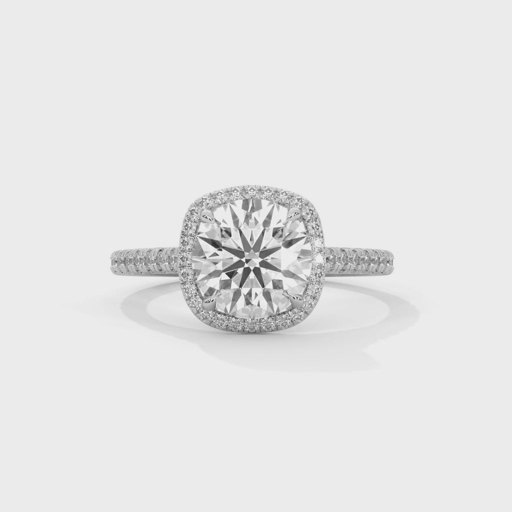 Round Cut Halo Diamond Engagement Ring in 14K White Gold, 2.00 Carat Lab Grown Diamond Pavé Bridal Ring