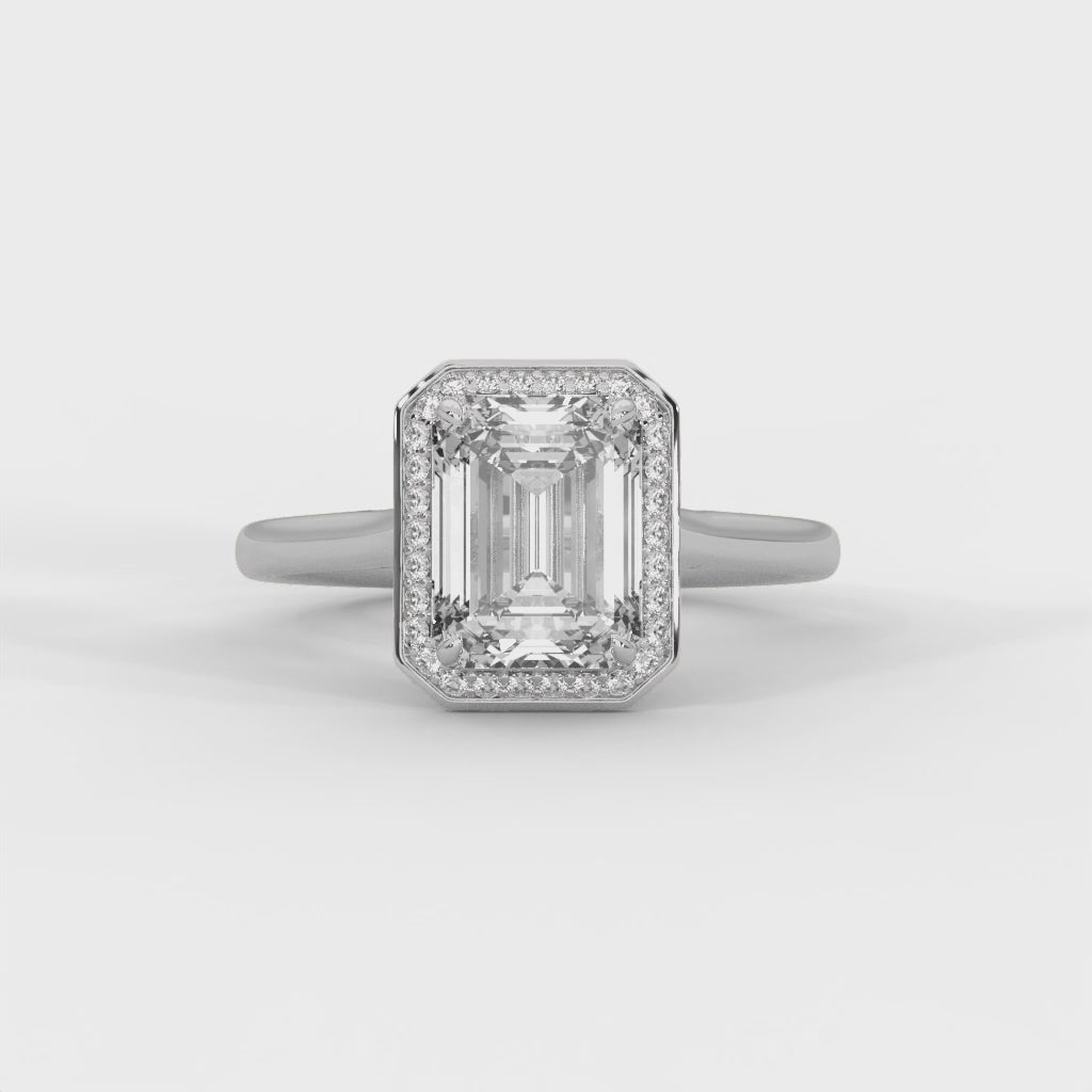 Emerald Cut Diamond Halo Engagement Ring in White Gold – Emerald Cut Solitaire Halo Ring – Vintage Inspired Diamond Engagement Ring – Luxury Proposal Ring
