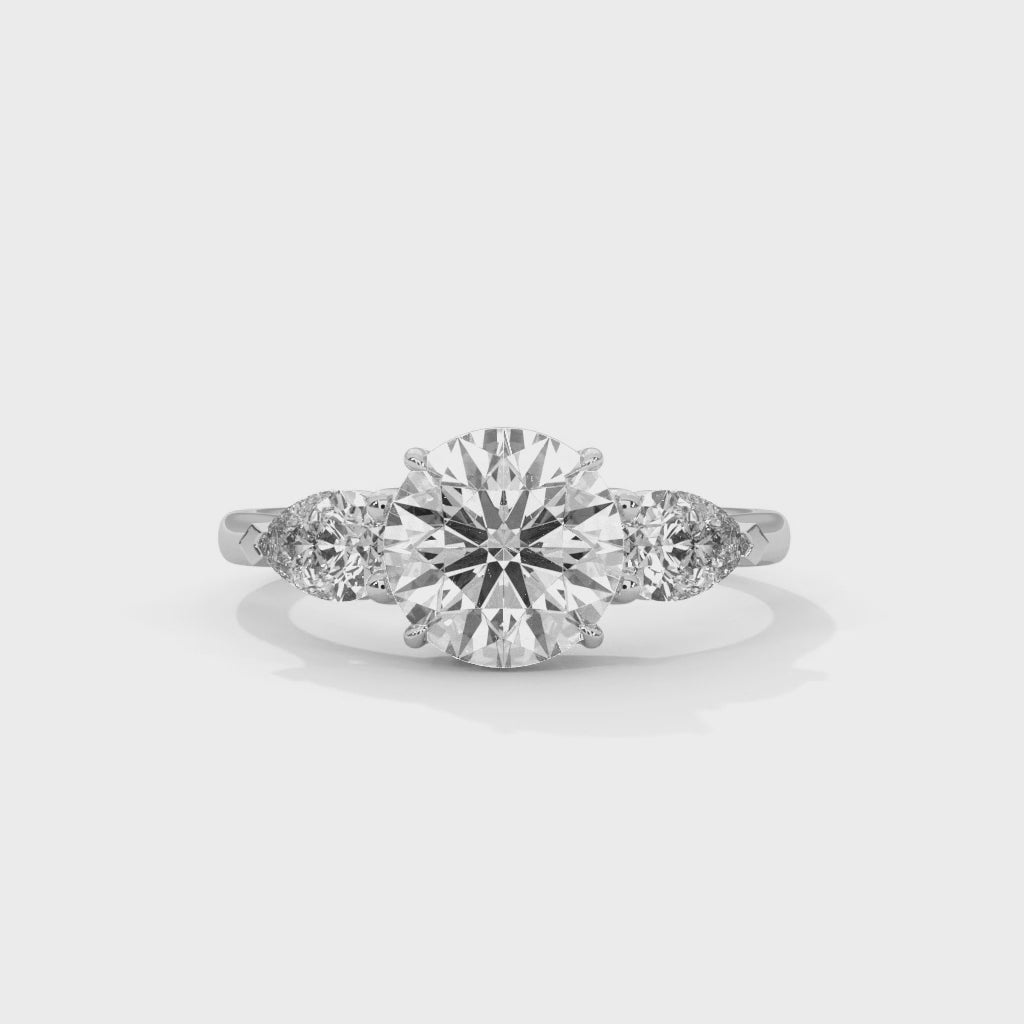 Three Stone Diamond Engagement Ring in 14K White Gold, 1.50 Carat Round Lab Grown Diamond with Pear Side Stones