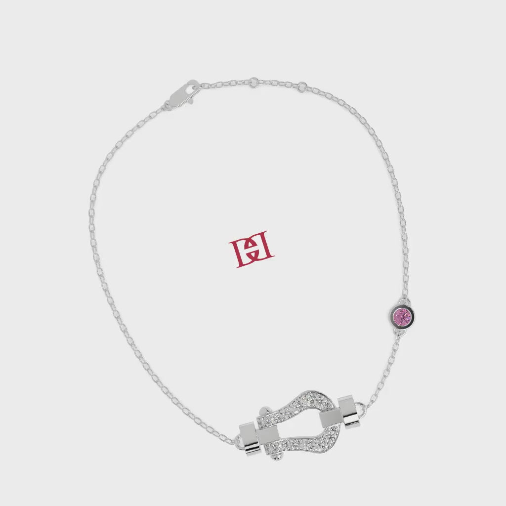 Luxury 925 Silver Diamond Clasp Bracelet, Designer Pavé Link Bracelet, Pink Stone Accent Bracelet, Elegant Minimalist Fine Jewelry