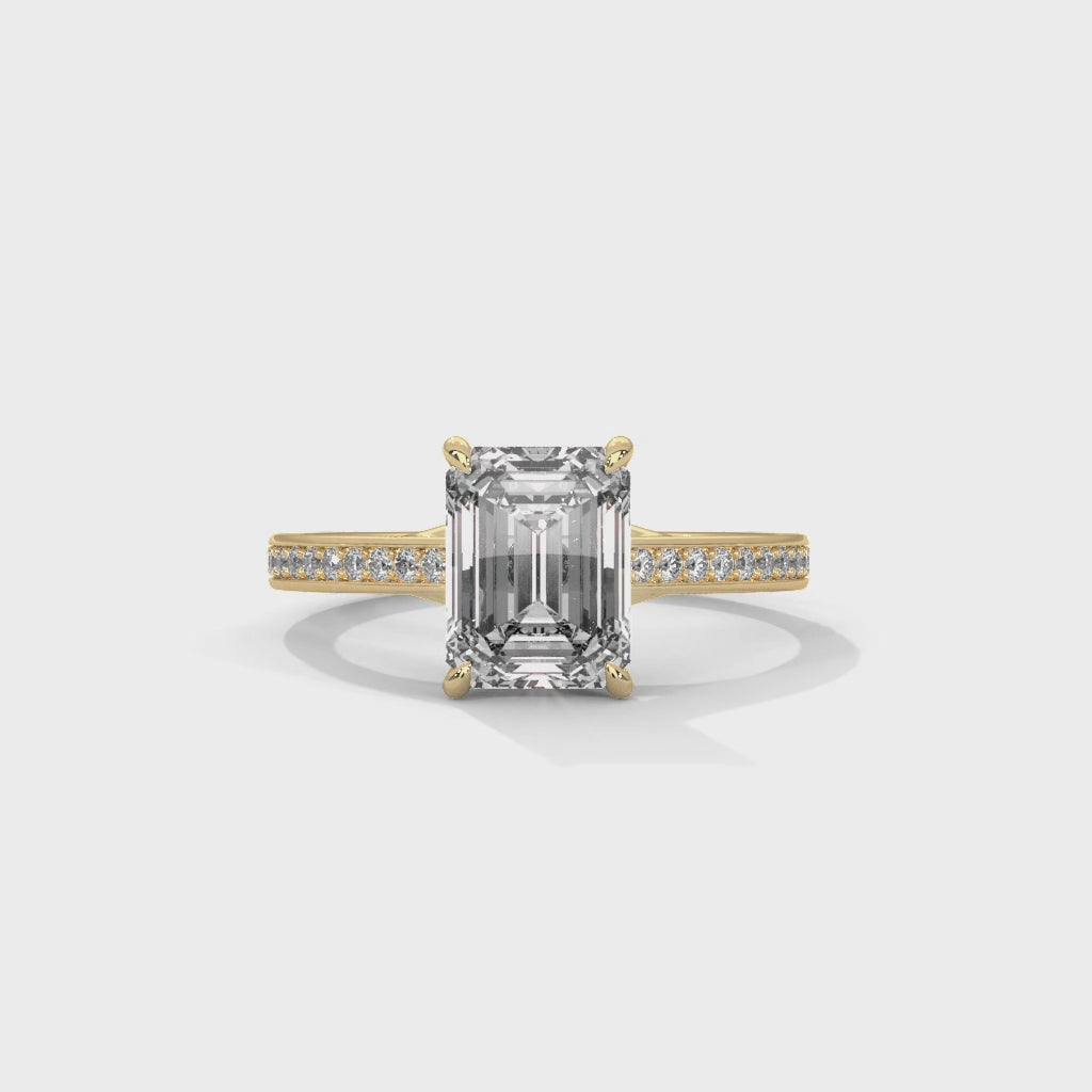 Emerald Cut Diamond Engagement Ring in 14K Yellow Gold – 2.00 Carat Emerald Cut with Pavé Band