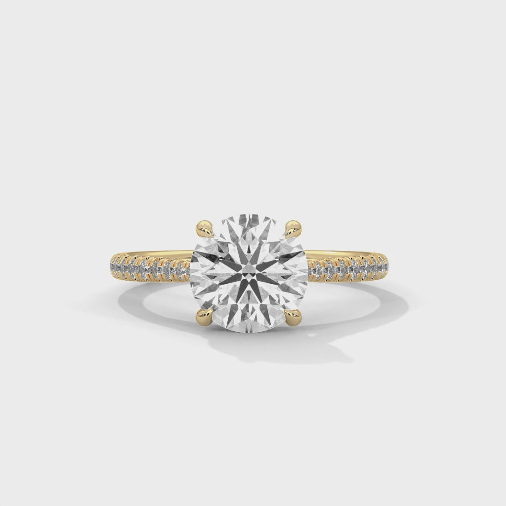 Round Diamond Pavé Engagement Ring in Gold – Classic Round Brilliant Diamond Ring with Pavé Band