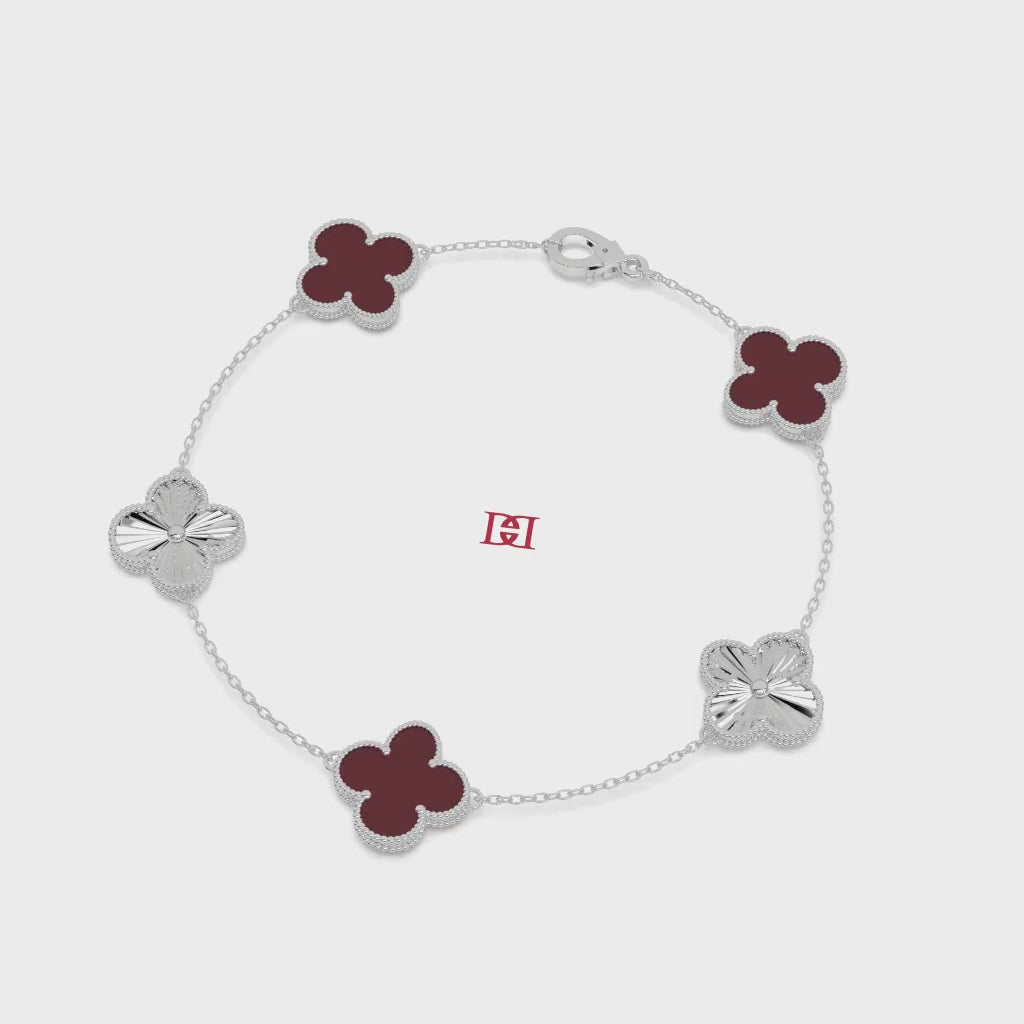 Luxury 925 Sterling Silver Clover Bracelet, Red Enamel Flower Charm Bracelet,  Elegant Everyday Fine Jewelry Gift for Her