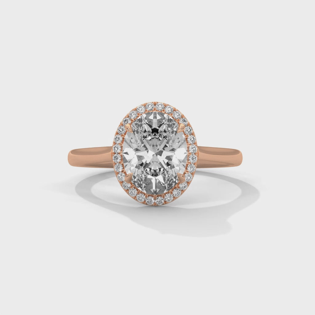 Oval Halo Diamond Engagement Ring in Rose Gold – 2 Carat Oval Cut Diamond with Halo Setting
