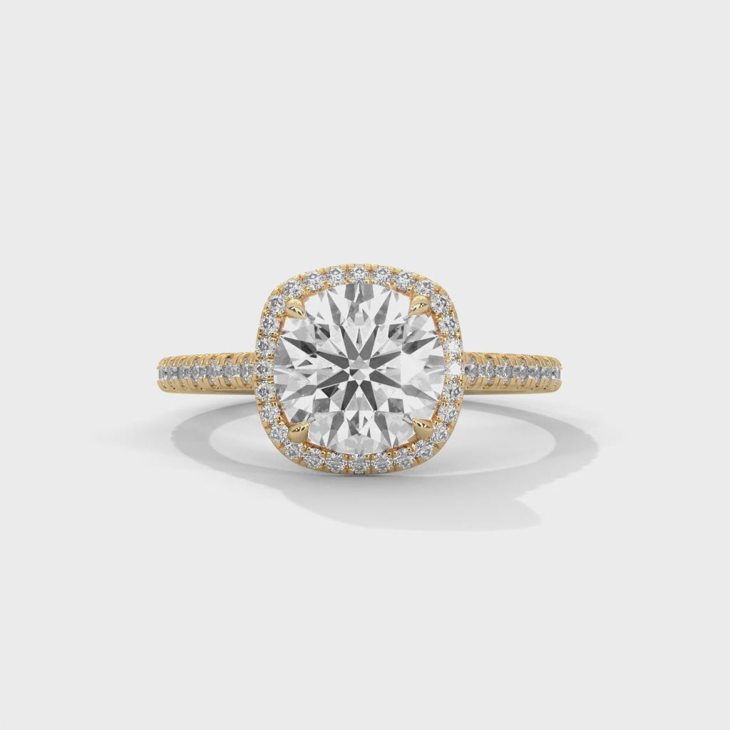 Round Cut Halo Diamond Engagement Ring in 14K Yellow Gold, 2.00 Carat Lab Grown Diamond Pavé Bridal Ring