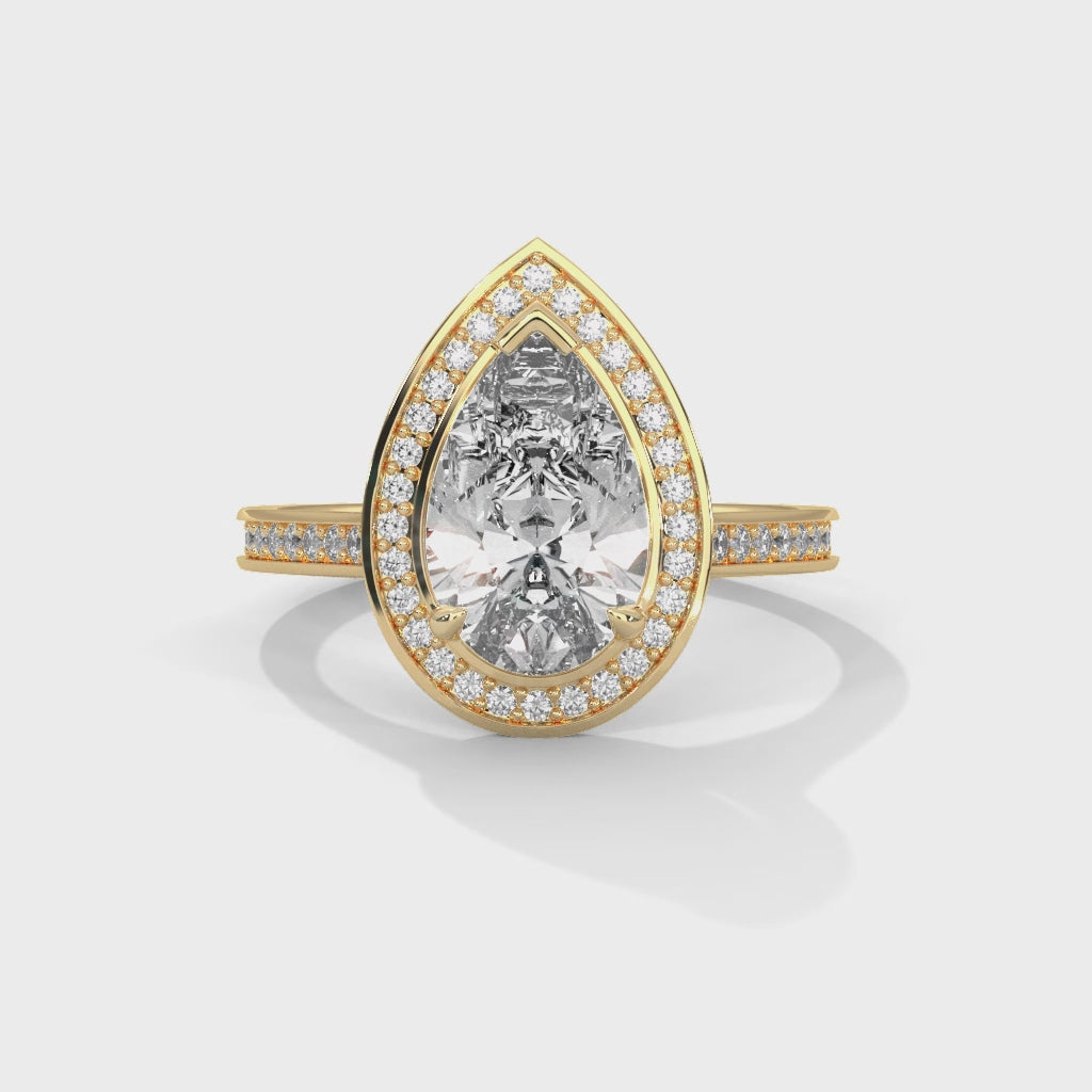 Pear Shape Halo Diamond Engagement Ring in 14K Yellow Gold, 2.00 Carat Lab Grown Diamond with Hidden Halo