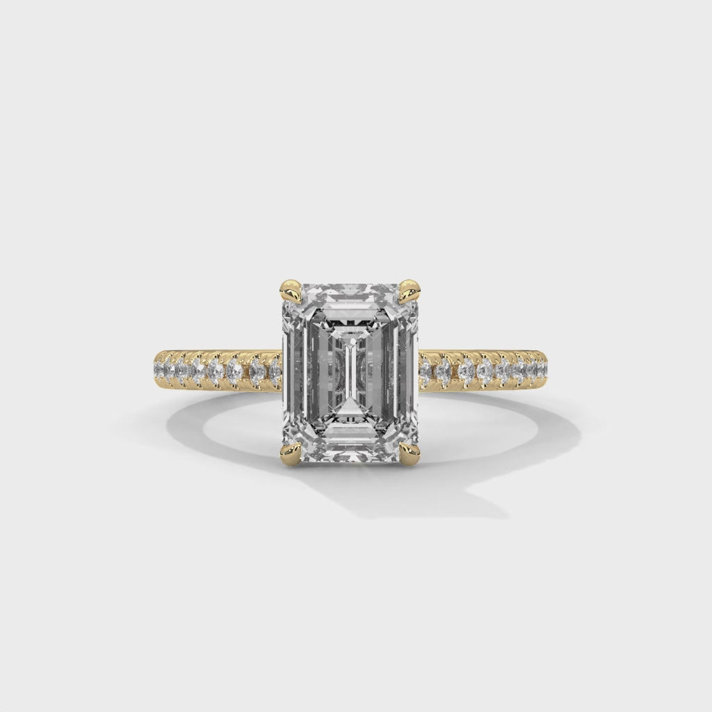 Emerald Cut Diamond Engagement Ring in Yellow Gold – Pavé Diamond Band Ring – Classic Emerald Cut Proposal Ring