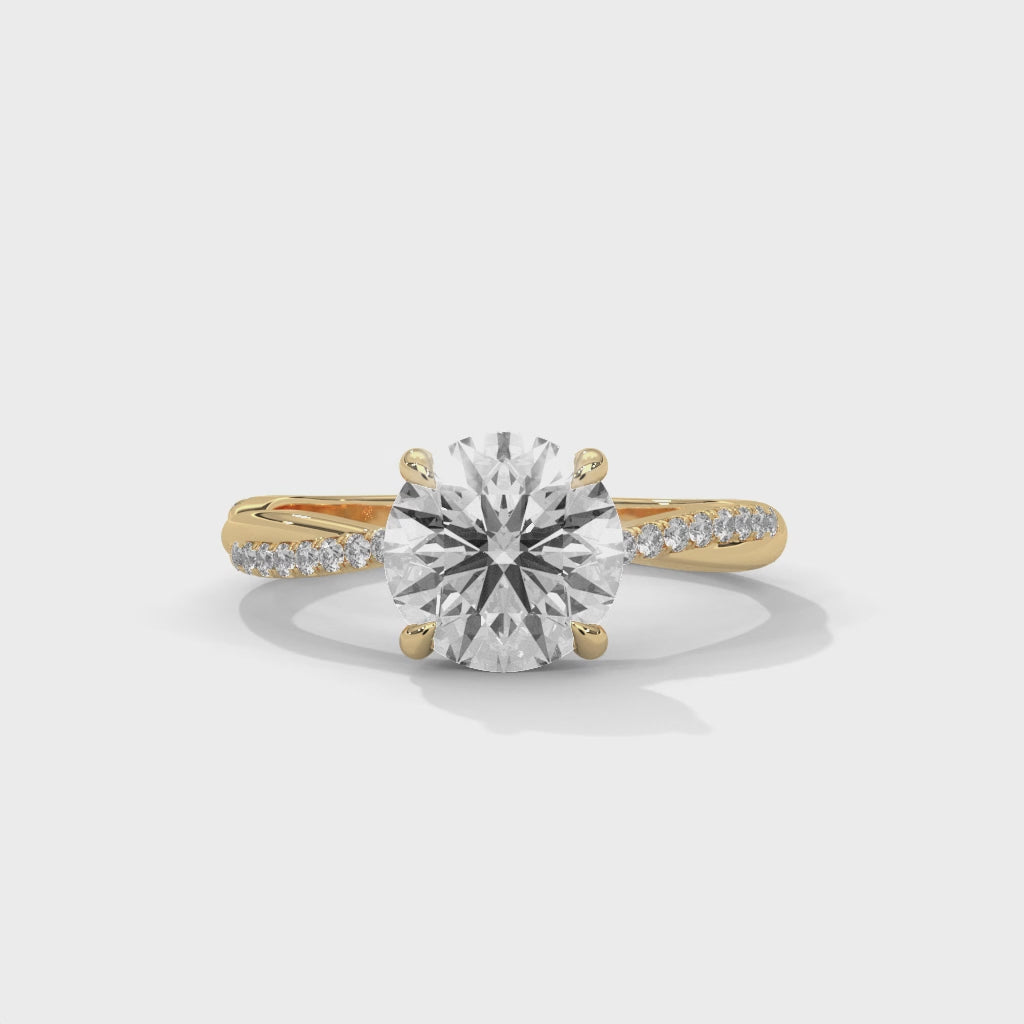 Round Cut Diamond Engagement Ring in 14K Yellow Gold, 1.50 Carat Lab Grown Diamond Pavé Band Solitaire Ring