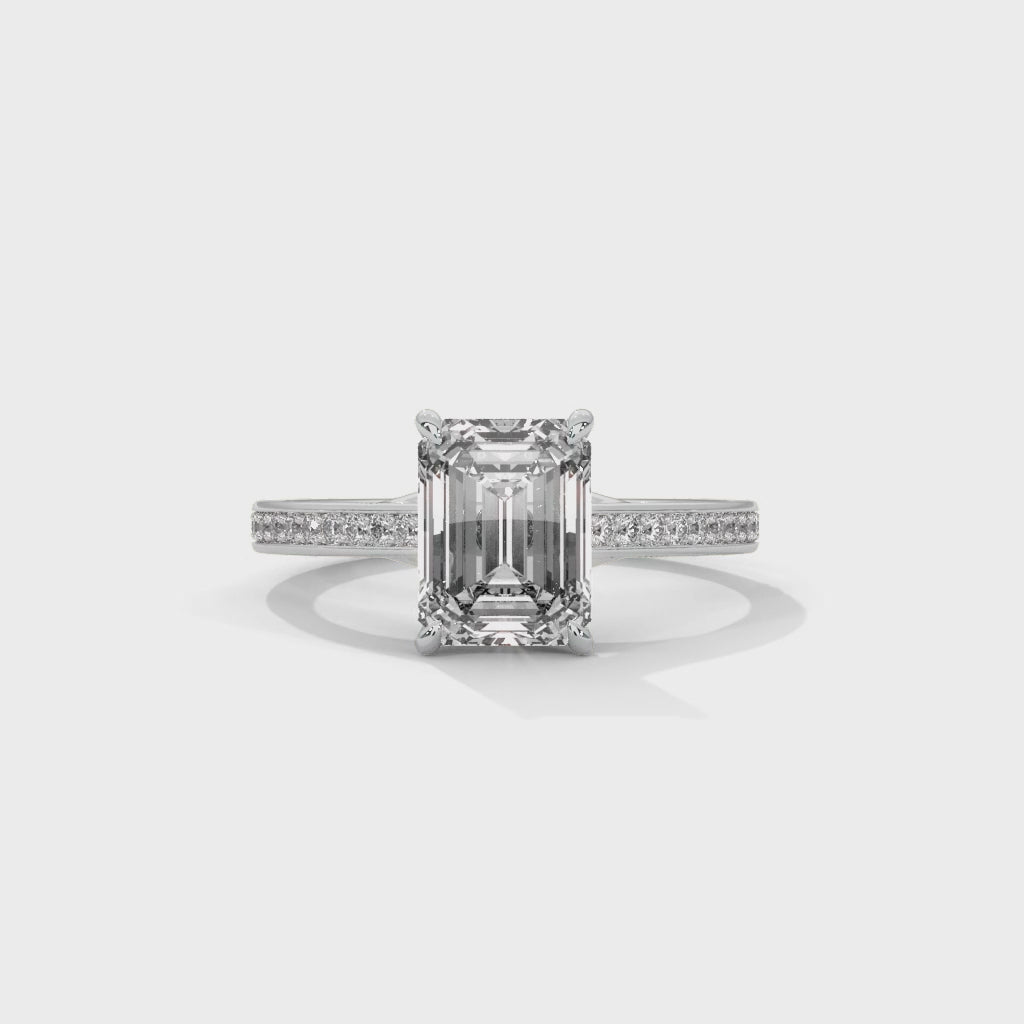 Emerald Cut Diamond Engagement Ring in 14K White Gold – 2.00 Carat Emerald Cut with Pavé Band