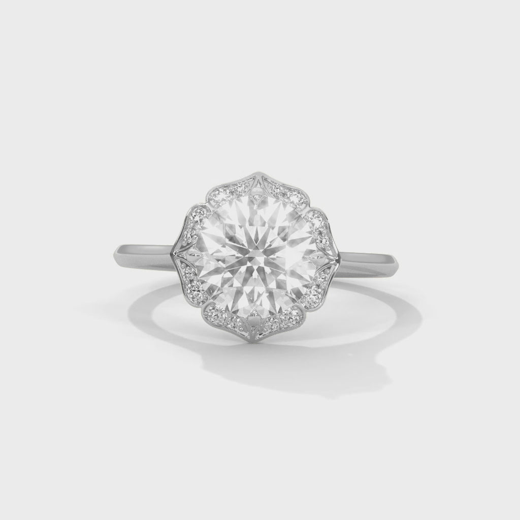 Vintage Halo Round Diamond Engagement Ring in White Gold – Floral Halo Diamond Ring – Classic Luxury Proposal Ring