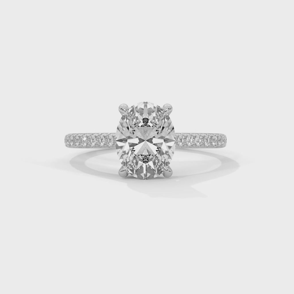 Oval Cut Diamond Engagement Ring in 14K White Gold, Pavé Band Solitaire Ring, 1.50 Carat Oval Lab Grown Diamond Ring