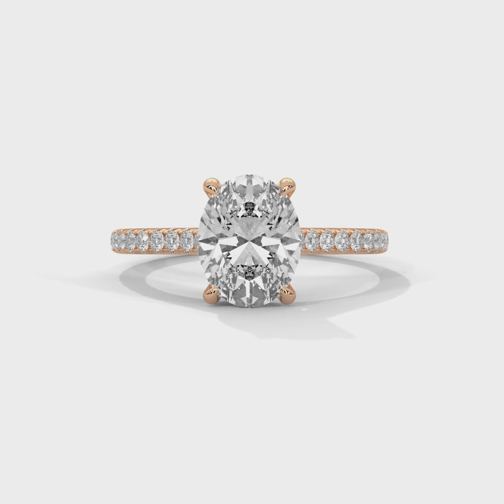 Oval Cut Diamond Engagement Ring in 14K Rose Gold, 1.50 Carat Oval Lab Grown Diamond Ring with Pavé Band, Romantic Solitaire Ring