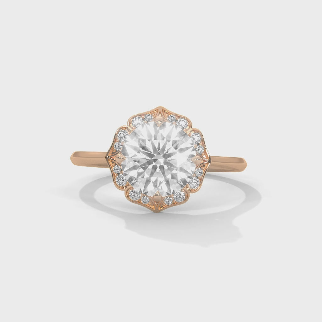 Vintage Halo Round Diamond Engagement Ring in Rose Gold – Floral Halo Diamond Ring – Classic Luxury Proposal Ring