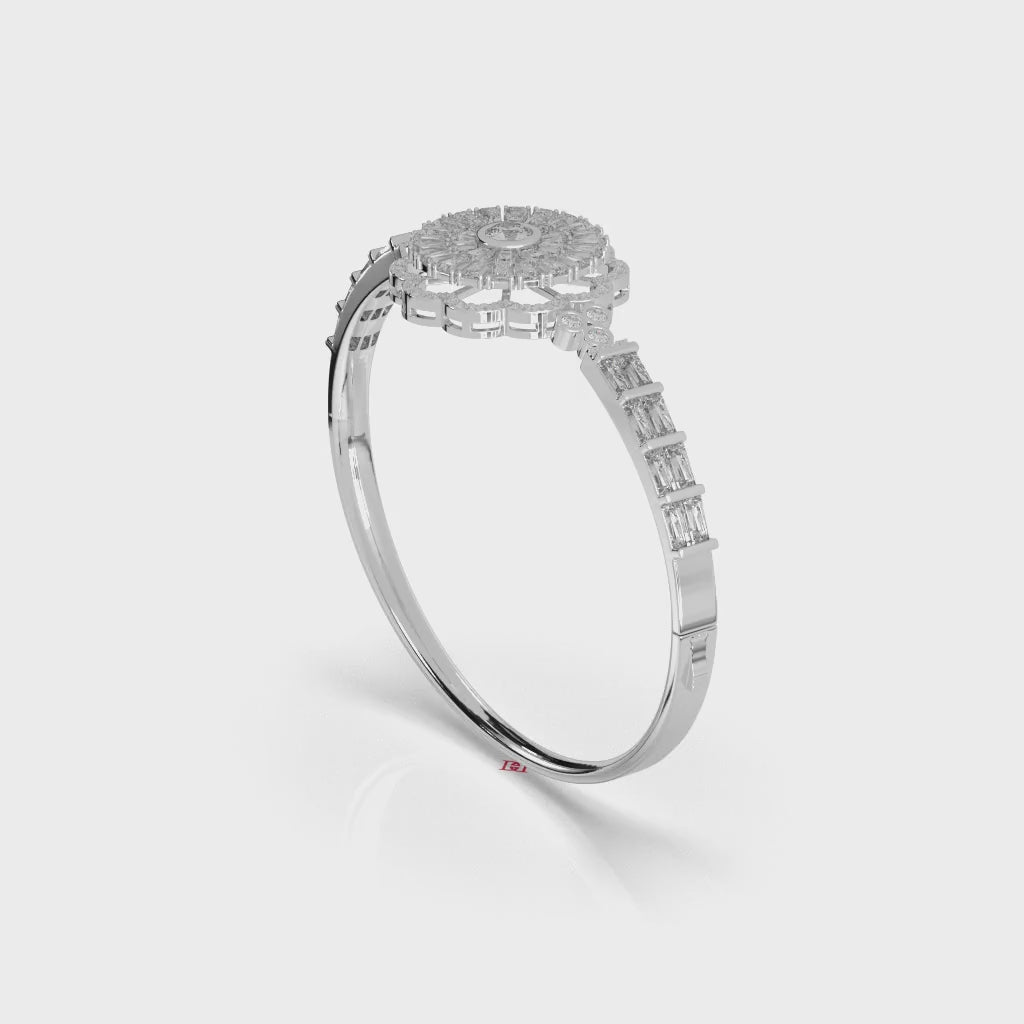 Handmade 925 Sterling Silver Diamond Bangle Bracelet, Floral Halo Design