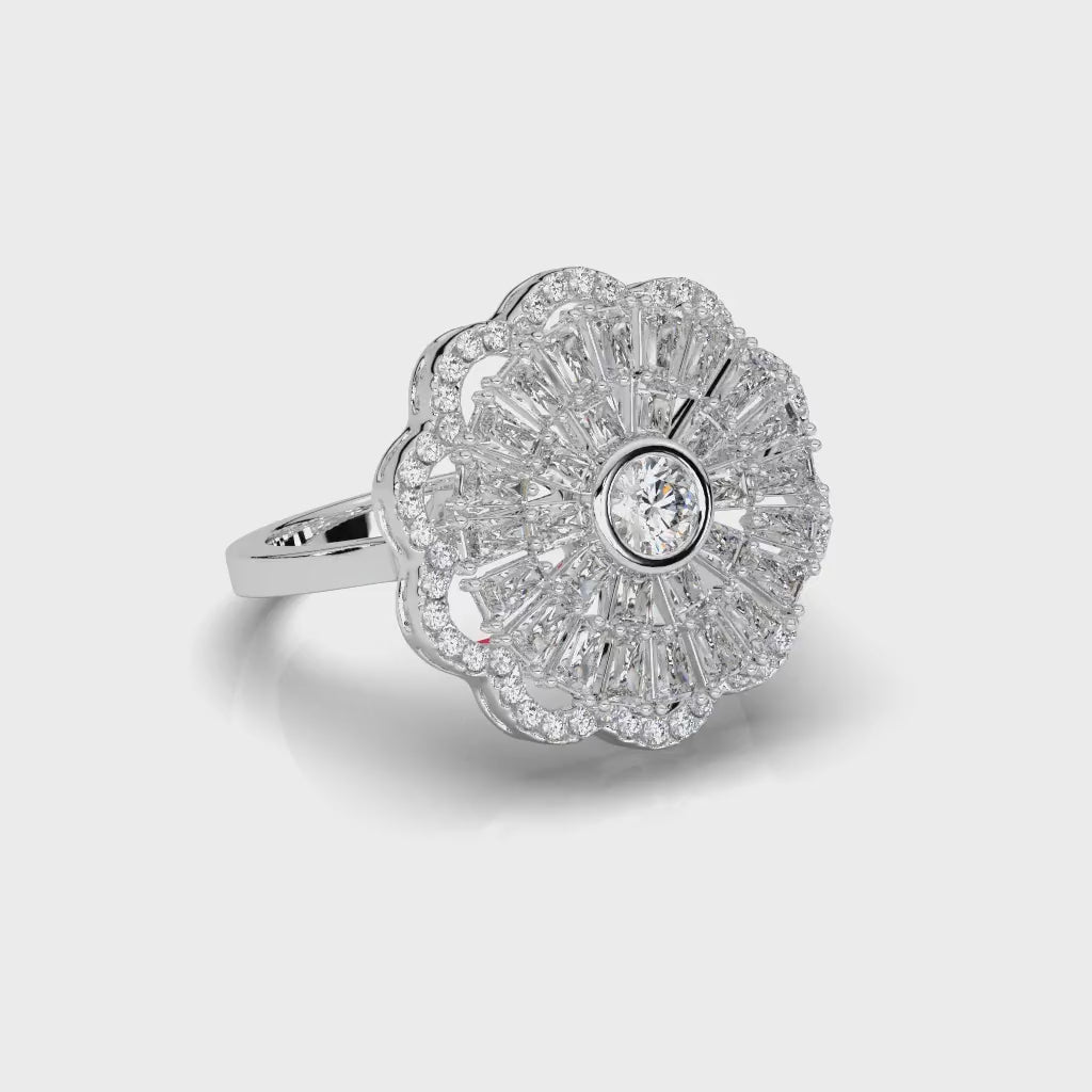 Floral Halo Lab Ruby Ring, Baguette Cluster, 925 Sterling Silver