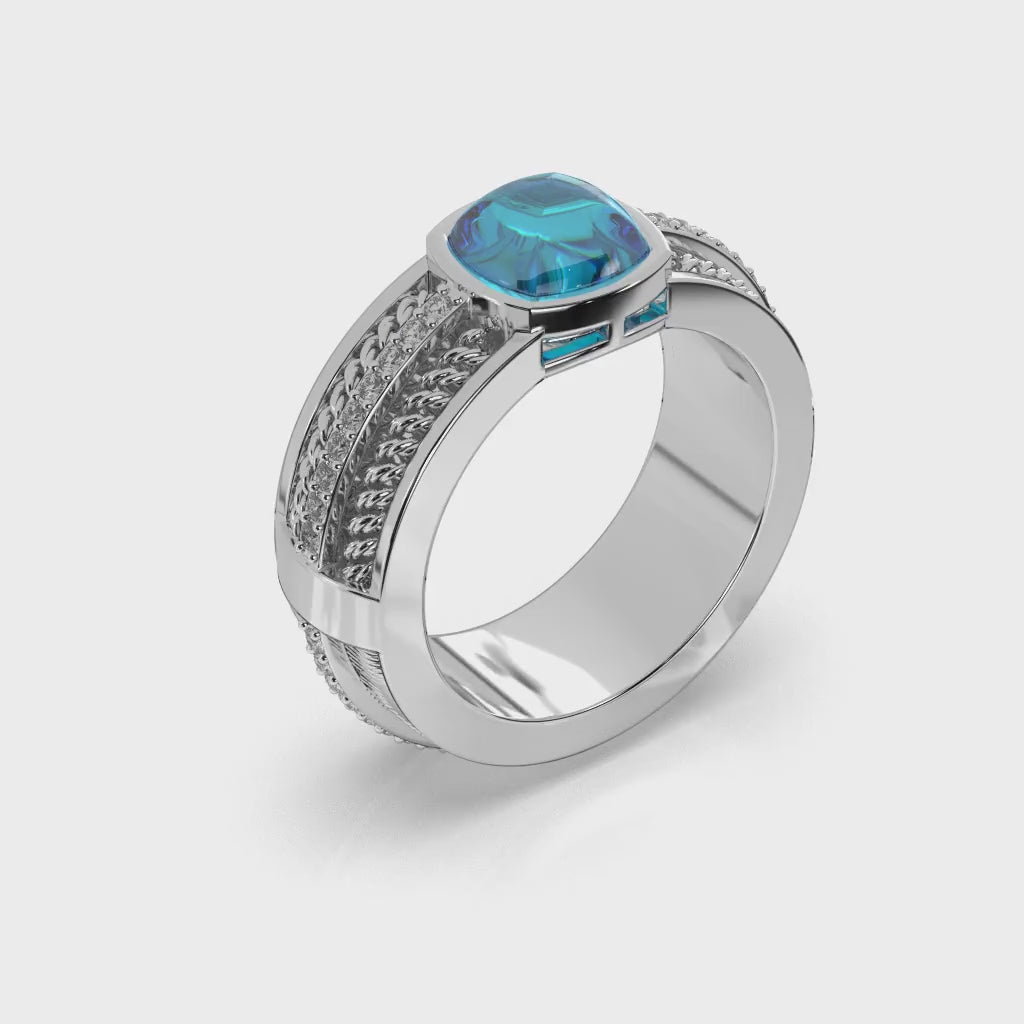 Sterling Silver Blue Opal Ring, White Diamond Accent - Modern Cocktail Jewelry