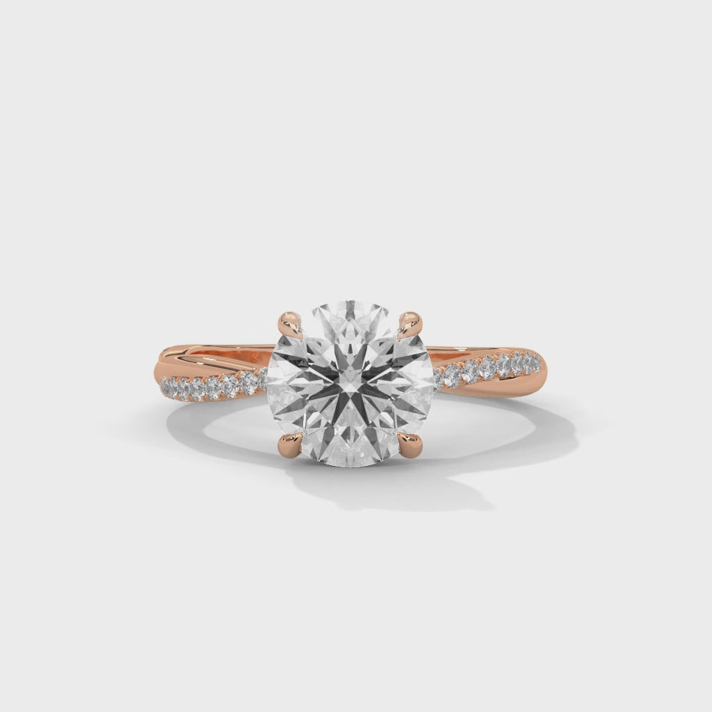 Round Cut Diamond Engagement Ring in 14K Rose Gold, 1.50 Carat Lab Grown Diamond Pavé Band Rose Gold Solitaire Ring