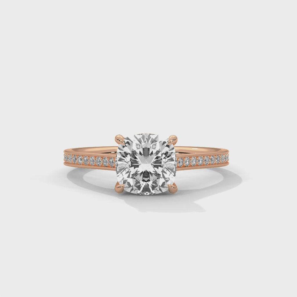 Cushion Cut Diamond Engagement Ring in Rose Gold – Hidden Halo Pavé Diamond Ring – Luxury Cushion Diamond Proposal Ring