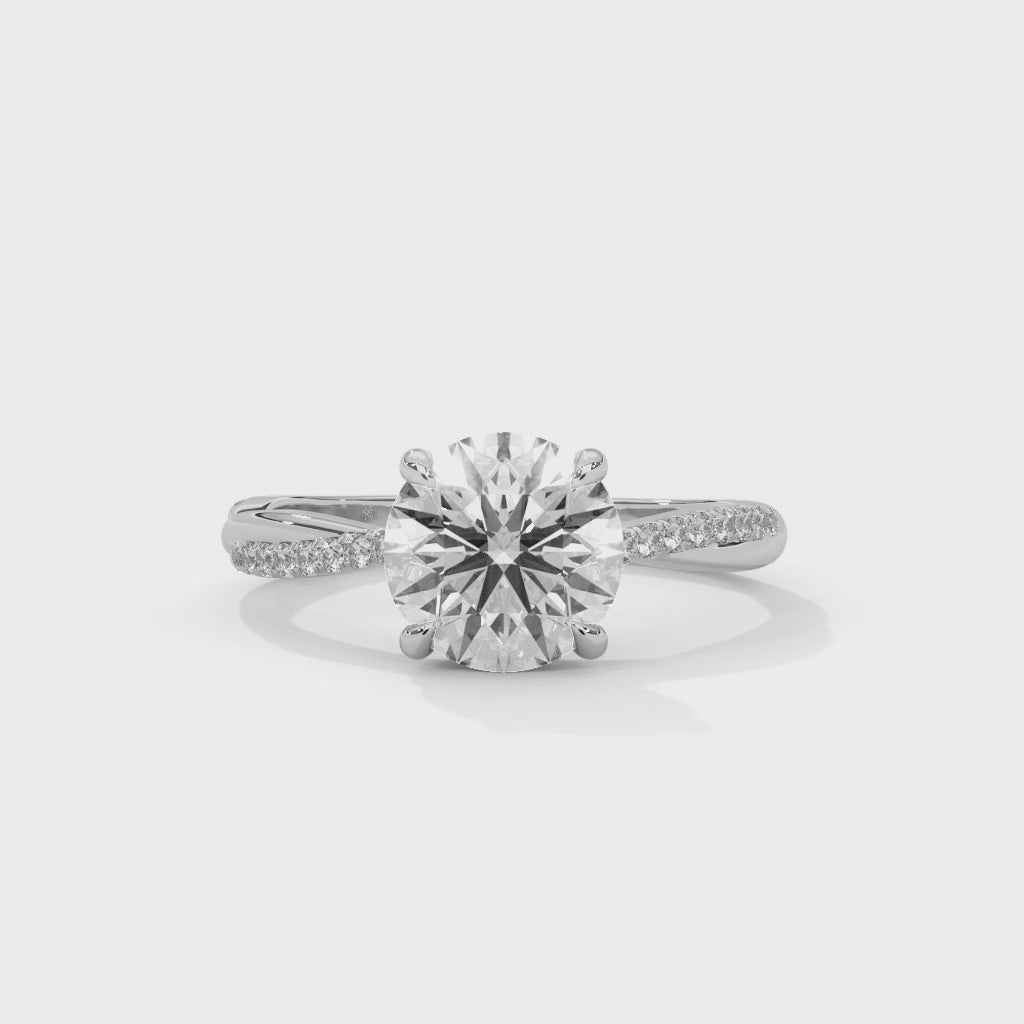 Round Cut Diamond Engagement Ring in 14K White Gold, 1.50 Carat Lab Grown Diamond Pavé Band White Gold Solitaire Ring