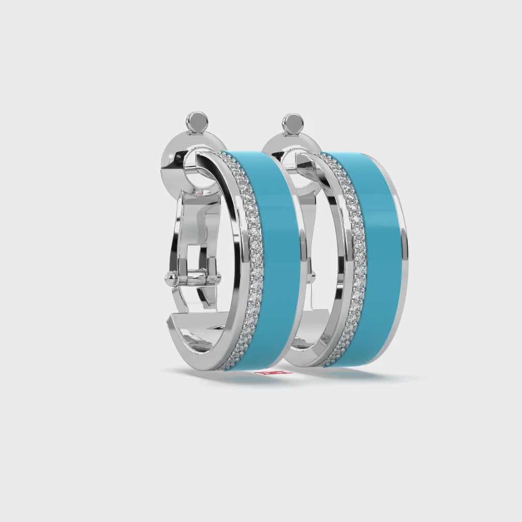 Blue Enamel Diamond-Color 925 Sterling Silver Hoop Earrings
