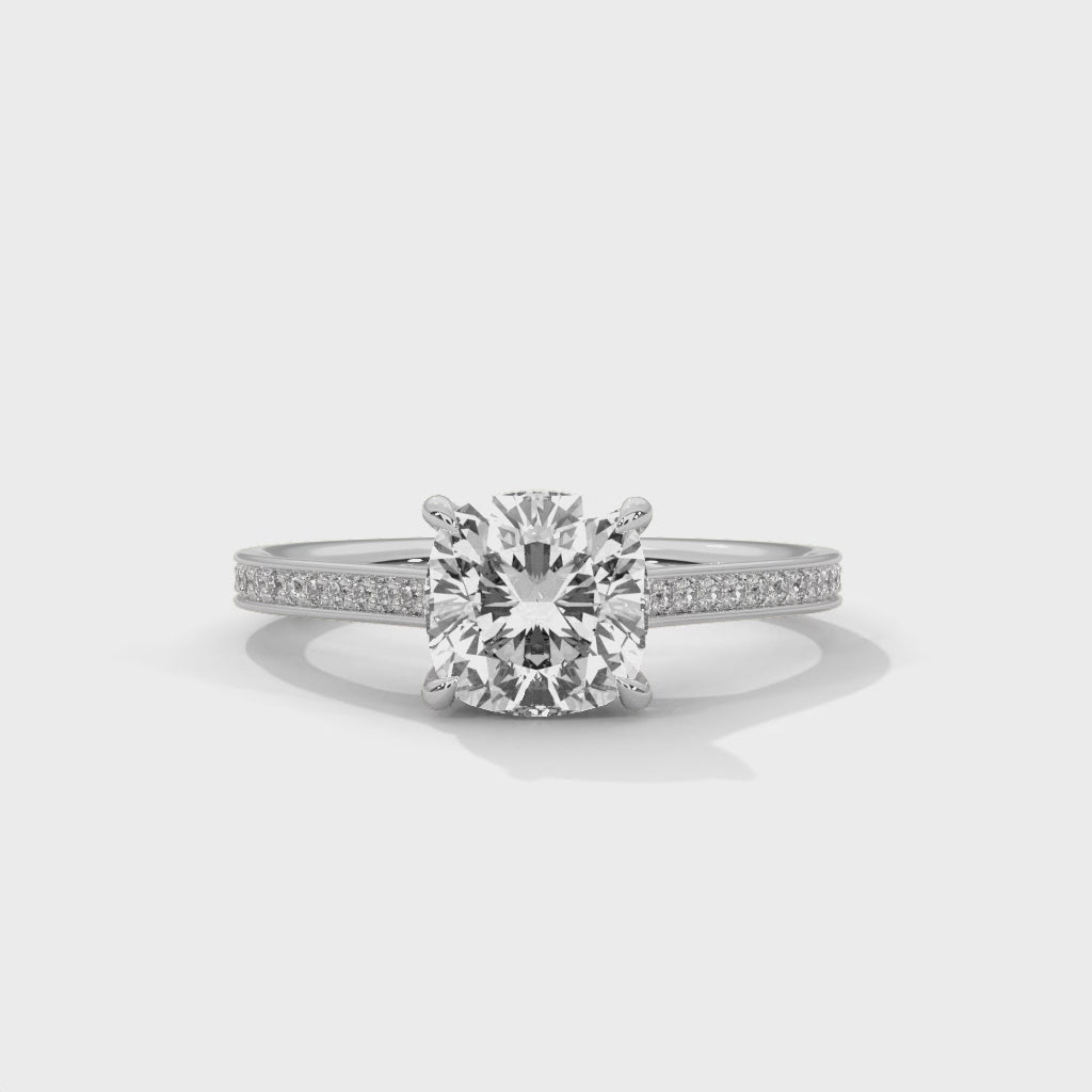 Cushion Cut Diamond Engagement Ring in White Gold – Hidden Halo Pavé Diamond Ring – Luxury Cushion Diamond Proposal Ring