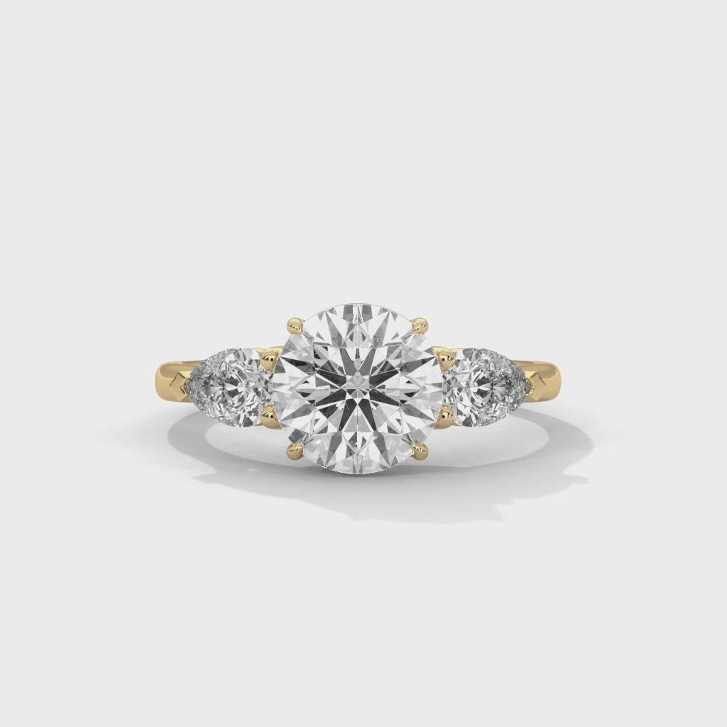 Three Stone Diamond Engagement Ring in 14K Yellow Gold, 1.50 Carat Round Lab Grown Diamond with Pear Side Stones