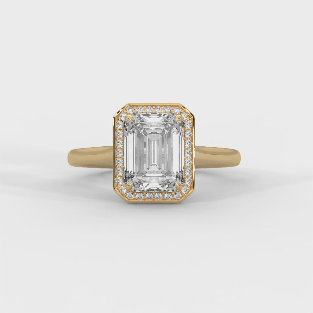 Emerald Cut Diamond Halo Engagement Ring in Gold – Emerald Cut Solitaire Halo Ring – Vintage Inspired Diamond Engagement Ring – Luxury Proposal Ring