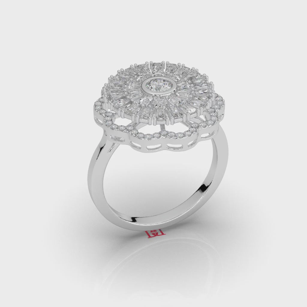 Floral Halo Lab Ruby Ring, Baguette Cluster, 925 Sterling Silver