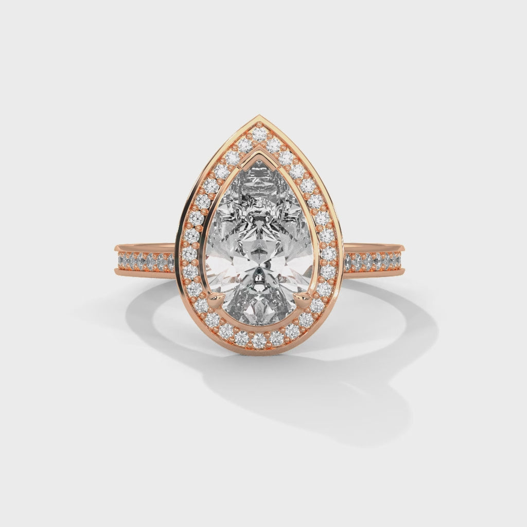 Pear Shape Halo Diamond Engagement Ring in 14K Rose Gold, 2.00 Carat Lab Grown Diamond with Hidden Halo
