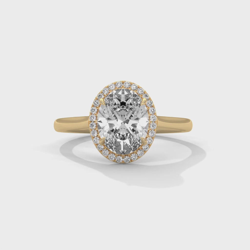 Oval Halo Diamond Engagement Ring in Yellow Gold – 2 Carat Oval Cut Diamond with Halo Setting