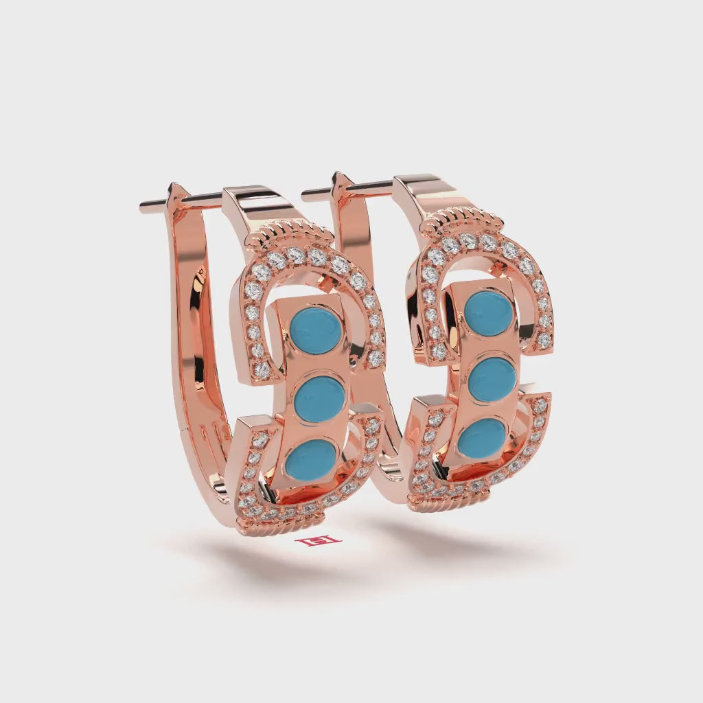 Rose Gold Plated Turquoise Hoop Earrings, Simulated Diamond, 925 Silver