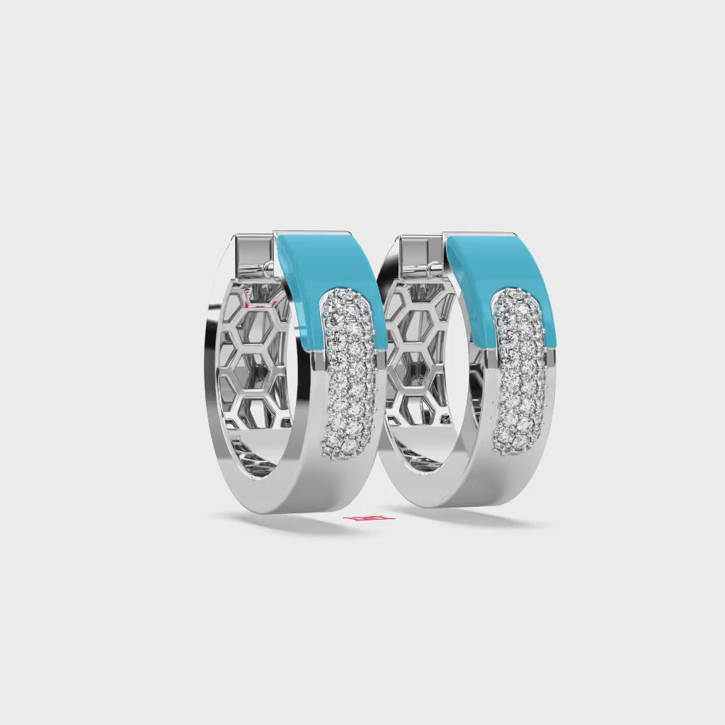 Sterling Silver Diamond Hoop Earrings Blue Enamel Modern Luxury Earrings Women Gift